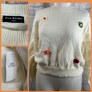 Over Kleshas Knitted Flower Sweater Womens Large / XL Pullover Daisies NWT